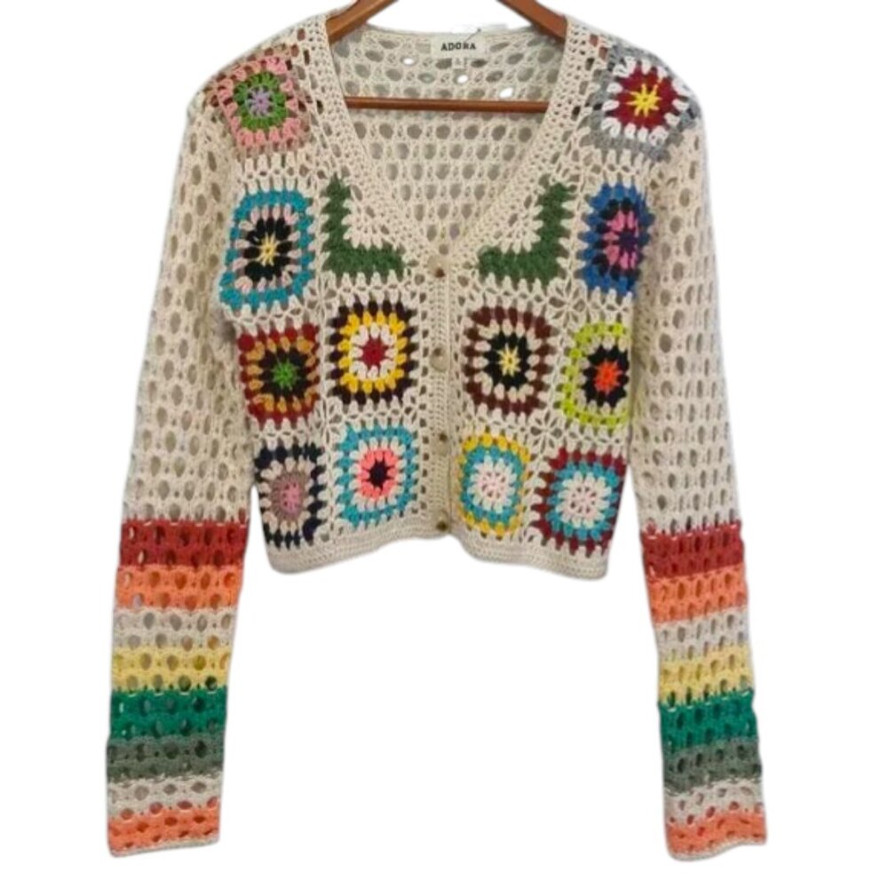 Crochet Granny Square Cardigan Multicolor Long Sleeves Open Knit Summer Festival